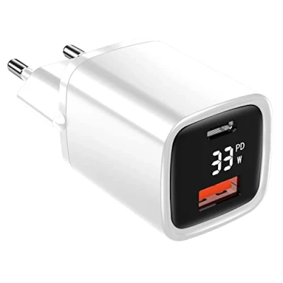 Abbildung von Eaxus® USB A + C Ladegerät mit Display 2 Port 33W Netzteil Power Delivery / QC4.0 &amp; Schnellladefunktion, Weiß