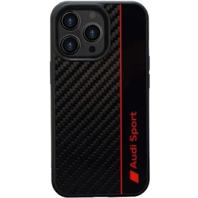Abbildung von Audi Sport Handyhülle Kompatibel mit iPhone 13 Pro Max Stoßabsorbierende Hülle Carbon präzisen Aussparungen für Kamera, Anschlüssen &amp; Tasten Schwarz roten Details