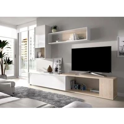 Abbildung von Dmora Wohnwand Denali, modulares Eck Wohnzimmerset, Multipositions Wohnzimmermöbel, 230 x 41 180 cm, Weiß und Eiche