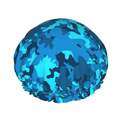 Abbildung von Blaue Camouflage Duschhaube, wasserdicht, Luxus Duschhauben für Damen, wiederverwendbar, Bade Haarhaube, modische Duschmütze mit Gummizug, einfach zu tragen