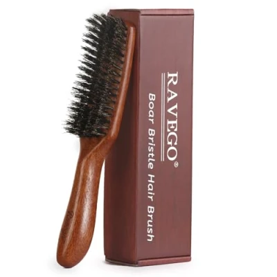 Abbildung von RAVEGO Haarbürste, Wildschweinborsten Bürste für Damen Herren Kinder, Naturborsten dünnes, feines Haare, steife Borsten, Bart und Schnurrbartbürste, Verbesserung der Haartextur