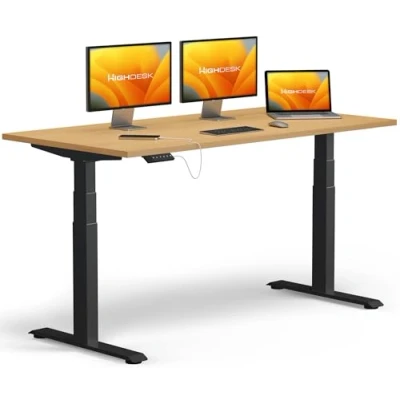 Abbildung von KRIEG HighDesk PRO Höhenverstellbarer Schreibtisch (Schwarz + Buche I 160 x 80 cm) Elektrischer Sitz &amp; Stehtisch mit Tischplatte Stehschreibtisch Elektrisch Höhenverstellbar