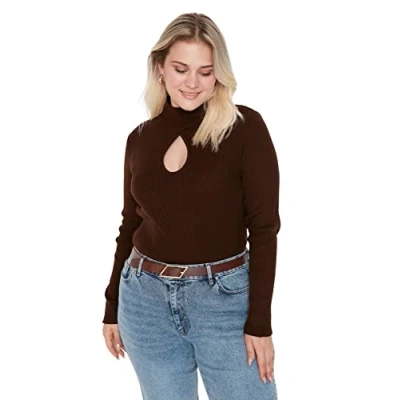 Abbildung von TRENDYOL Damen Pullover mit Hohem Halsausschnitt, Einfarbig, Regulär, Übergröße Sweatshirt, Braun, 4XL Größen