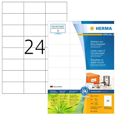 Abbildung von HERMA 10729 Recycling Etiketten, 80 Blatt, 70 x 37 mm, 24 pro A4 Bogen, 1920 Stück, selbstklebend, bedruckbar, matt, blanko Papier Klebeetiketten Aufkleber, natur weiß