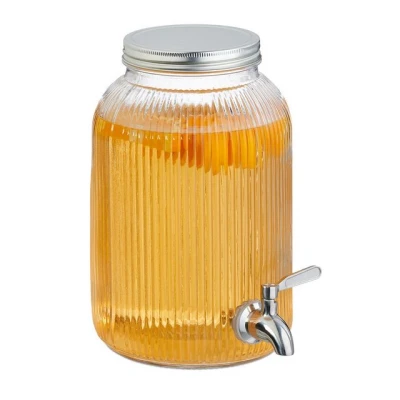 Abbildung von Relaxdays Getränkespender, dekorativer Limobehälter 4L, Zapfhahn u. Deckel, Wasserspender, Glas &amp; Edelstahl, transparent
