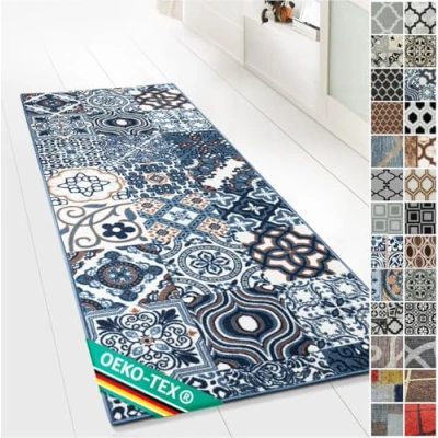 Abbildung von Floordirekt Teppichläufer mit Muster maßgefertigter Feinschlingen Teppich Läufer für Küche, Flur &amp; Wohnraum Ornament Vintage Orient Gitter (80 x 300 cm, Newport)