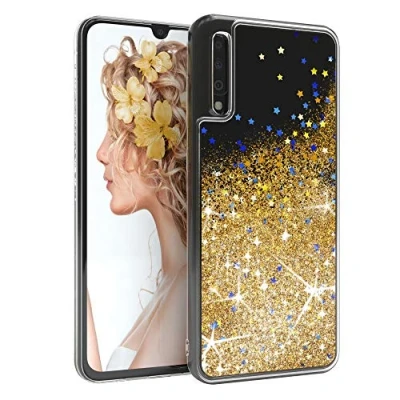 Abbildung von EAZY CASE Hülle kompatibel mit Samsung Galaxy A70 Schutzhülle Flüssig Glitzer, Handyhülle, Schutzhülle, Back Cover Glitter Flüssigkeit, TPU/Silikon, Transparent/Durchsichtig, Gold