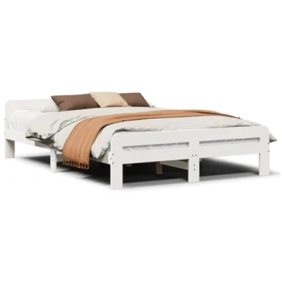Abbildung von vidaXL Massivholzbett, Holzbett mit Kopfteil Fußteil Lattenrost, Doppelbett für Schlafzimmer, Bett Bettgestell, Weiß 140x200cm Kiefernholz
