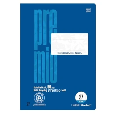 Abbildung von Staufen premio Schulheft 4 Hefte je 16 Blatt, DIN A4, Lineatur 27 (9mm liniert mit Randlinien), 90 g/m² Recyclingpapier, runde Ecken verhindern „Eselsohren“
