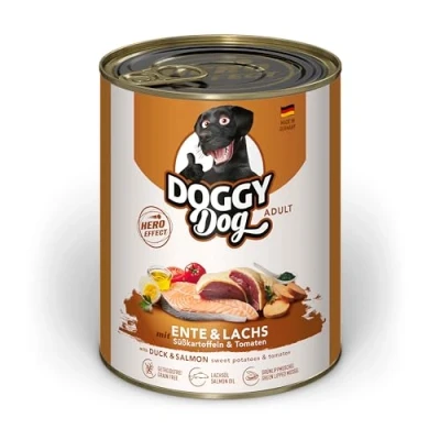 Abbildung von DOGGY Dog Paté Ente &amp; Lachs, 6 x 800 g, Nassfutter für Hunde, getreidefreies Hundefutter mit Lachsöl und Grünlippmuschel, Alleinfuttermittel Süßkartoffel Tomate, Made in Germany