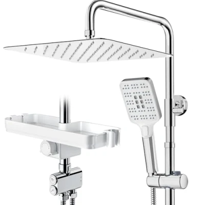 Abbildung von Rainsworth Duschsystem mit Ablage Chrom 30 X cm eckig Regendusche und 3 Strahlarten Duschkopf, Umsteller aus Messing,Duschsäule Duschset für Dusche ohne Armatur