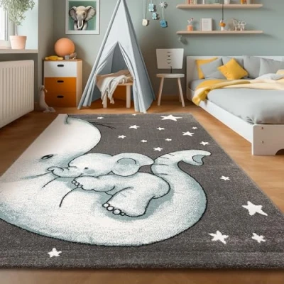 Abbildung von SIMPEX Teppich Kinderzimmer Elefant Design Kurzflor Kinderteppich Mädchen Spielteppich Modern Babyzimmer Teppiche für Junge und Extra Weich Antiallergen Blau Grau 160 x 230 cm