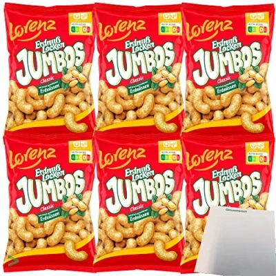 Abbildung von Lorenz Erdnuß Locken Jumbos Classic XXL Erdnussflips Mais Snack Erdnuss Genuss 6er Pack (6x150g Packung) + usy Block