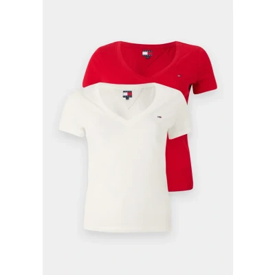 Abbildung von Tommy Jeans V NECK TEE 2 PACK Tshirt basic, Damen, Größe: 32, Ecru/sapphire red