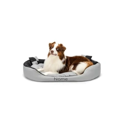 Abbildung von lionto Hundebett 4 in 1 mit Wendekissen aus robustem Oxford, 110x80 cm, Heimtierkissen Kratzfest tiefem Einstieg für Katzen und Hunde Aller Größen, wasserabweisend, grau/schwarz (Namensaufdruck)
