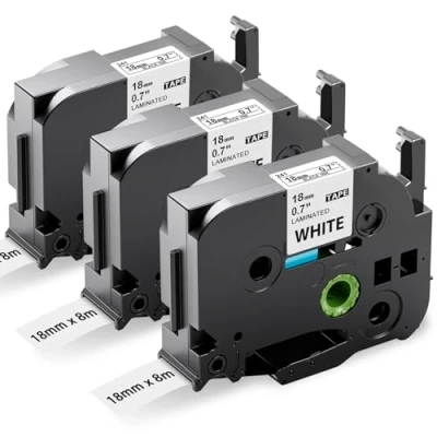 Abbildung von Upwinning Tze 241 18mm D400 D410 Schriftband kompatibel Brother P touch Bänder Weiß TZ 241, 18 mm Laminiert für Beschriftungsgerät Ptouch D400VP D450 1830 900 PT 2430, 3x