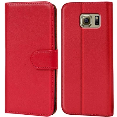 Abbildung von Verco Handyhülle für Galaxy S6 Hülle, Klapphülle Samsung Tasche PU Leder Flip Case Brieftasche Rot