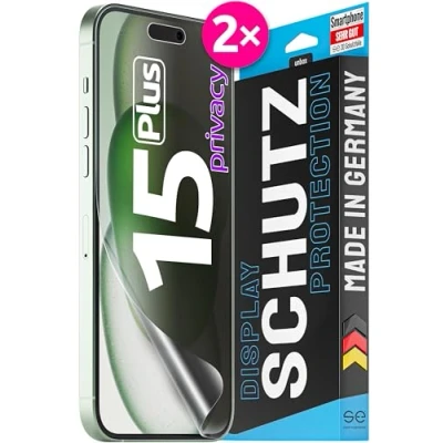 Abbildung von 2x se® 3D SCHUTZFOLIE Privacy für Apple iPhone 15 Plus ,Blickschutz entspiegelt, 100% Fingerabdruck &amp; FaceID kompatibel, anti Fingerabdrücke, Stoß Kratzfest, hüllenfreundlich aus Deutschland