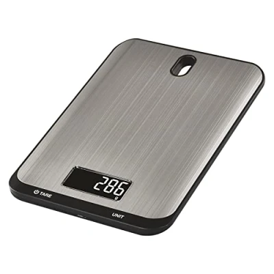 Abbildung von EMOS digitale Küchenwaage mit Wandhalterung, elektronische Edelstahl Haushaltswaage bis zu 10 kg, beleuchteter LCD Display, wiegt in g, ml, oz, lb, tl, inkl. Batterien