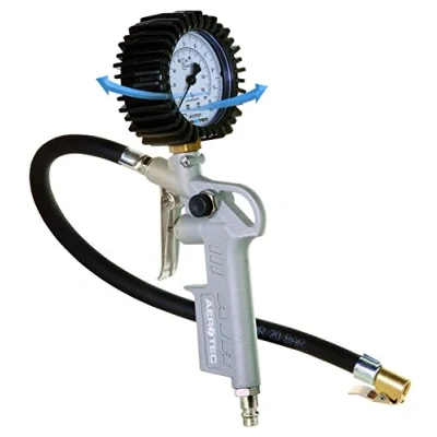 Abbildung von Aerotec 200548 Druckluftpistole / Reifenfüller Set Reifenfüllerpistole mit 3 Adaptern, Wika Manometer und 30cm Gummischlauch Geeicht, Druck bis 10 Bar, Standard SK Nippel, Material: Aluminium