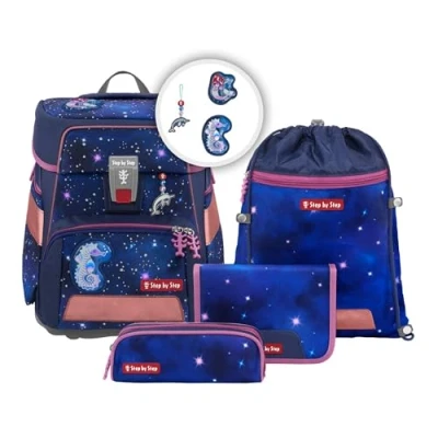 Abbildung von Step by Schulranzen Set SPACE REFLECT „Star Seahorse Zoe“ 5 teilig, ergonomischer Tornister, Reflektoren, höhenverstellbar, Hüftgurt, Grundschule, 1. Klasse, 20L, lila schwarz