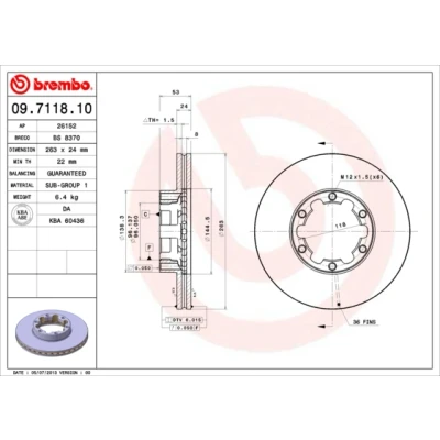 Abbildung von BREMBO 09.7118.10 Bremsscheibe 263 24 6 innenbelüftet NISSAN: Trade Pritsche / Fahrgestell