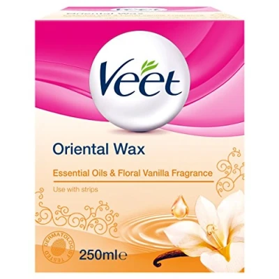 Abbildung von Veet Orientalischer Warmwachs, mikrowellengeeignete Dose, mit ätherischen Ölen und Blumen Vanillearoma, 250 ml