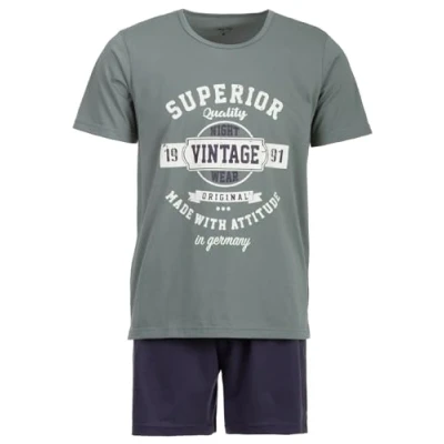 Abbildung von Henry Terre Herren Pyjama Set 2 TLG. Shorty Vintage Blaue Shorts Übergröße Baumwolle, Farbe:Grün, Größe:XXL