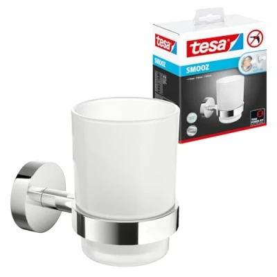 Abbildung von tesa Zahnputzbecher 1 x SMOOZ Zahnputzbecher, (Komplett Set, 3 St), chrom silber glänzend 8 cm 12,5 11,5