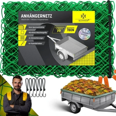 Abbildung von KESSER® Anhängernetz 1,5x2,7m feinmaschig Hängernetz mit Spannseil &amp; Netzkordel Containernetz für Ladungssicherung Sicherungs Netz Eckmarkierungen Expander Haken Befestigungsknöpfen Grün