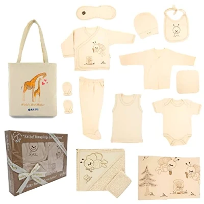 Abbildung von Blue Eyes Neugeborenen Baby Set 100% natürliche Baumwolle Erstausstattung Erstlingsausstattung Ausstattung Unisex Kleidung Geschenkset Babyausstattung Badetuch mit 14 Teilig für Babys 0 4 Monate