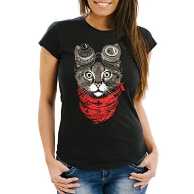 Abbildung von MoonWorks Print Shirt Damen T Katze Cat Steampunk Slim Fit Moonworks® mit