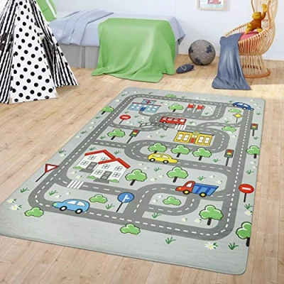 Abbildung von TT Home Teppich Kinderzimmer Spielteppich Babymatte Junge Straßenteppich Auto Stadt, Farbe:Grau, Größe:155x230 cm