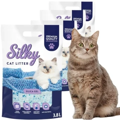 Abbildung von Silky Silikat Katzenstreu, Staubfrei Unparfümiert Kristall Silikatstreu, Geruchsneutral, Hohe Saugkraft, Antibakteriell 15,2L 4er Pack