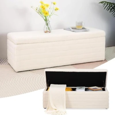 Abbildung von LEUTED Sitzbank mit Stauraum, Schuhbank Sitzfläche, Teddystoff Sitzhocker, Sitztruhe großem Stauraum Aufbewahrungsbox, Sitzbox für Schlafzimmer Wohnzimmer Weiß (1, 118x40x40 cm)