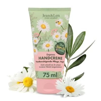 Abbildung von Jean &amp; Len Handcreme Kamille Olivenöl, vegane Pflegeformel mit Bio Kamillenblüten Extrakt hautberuhigend, zieht schnell ein, Handpflege, ohne Parabene Silikone, 75 ml