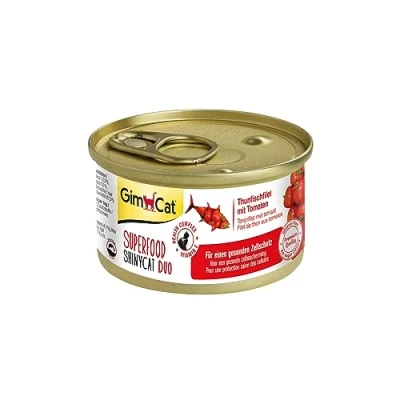 Abbildung von GimCat Superfood ShinyCat Duo Thunfisch mit Tomaten Katzenfutter saftigem Filet ohne Zuckerzusatz für ausgewachsene Katzen 24 Dosen (24 x 70 g)
