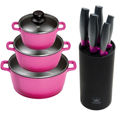 Abbildung von KING Topf Set &quot;Berry&quot;, Aluminiumguss, (Set, 9 tlg., je 1 Kochtopf mit Deckel 16/20/24 cm, Messerblock 5 Kochmesser), Induktion