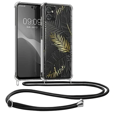 Abbildung von kwmobile Necklace Case kompatibel mit Motorola Moto G32 Hülle Silikon Cover Handykette Gold Grau Transparent Dschungel