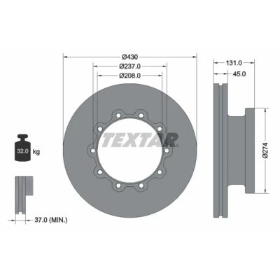 Abbildung von TEXTAR 93088300 Bremsscheibe 430 45 10/10 237 innenbelüftet ohne Radbefestigungsbolzen, Radnabe SCANIA: 4 series