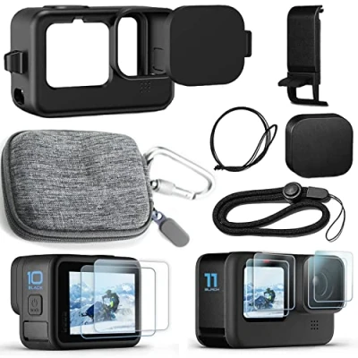 Abbildung von OKFUN Zubehör Set für Go Pro Hero12/Hero11/Hero10/Hero9, Schwarz, Tragetasche+Silikonhülle mit Gummi Objektivabdeckung, Displayschutzfolie, Akku Seitenabdeckung, Objektivschutzkappe, Umhängeband,