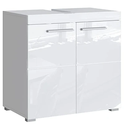 Abbildung von Newroom Waschbeckenunterschrank Weiß Hochglanz mit viel Stauraum 60x56x34 cm (BxHxT) Badezimmer Unterschrank Badezimmerschrank Badezimmermöbel Badunterschrank [Trinity.Seven]