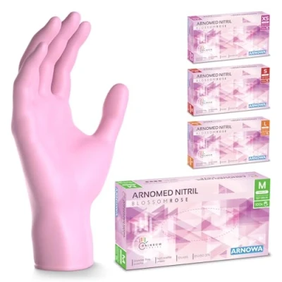 Abbildung von 500 Stück (5x100) ARNOMED Einweghandschuhe Rosa, Einmalhandschuhe M, Nitril Handschuhe Einweg, Nitrilhandschuhe puderfrei, Gummihandschuhe Schutzhandschuhe, in XS, S, L