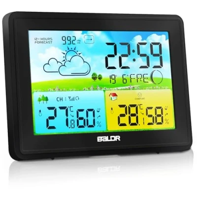 Abbildung von Wetterstation Funk mit Außensensor, Innen und Außen Temperatur/Luftfeuchte, Funkwetterstation Wettervorhersage, Barometer Mondphase, Digital Farbdisplay DCF Funkuhr, zum Stellen/Hängen,Schwarz