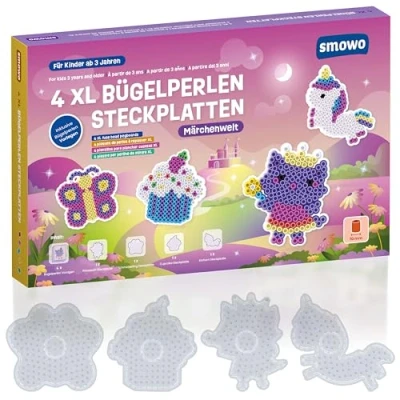 Abbildung von Smowo® 10mm Bügelperlen Platten Märchenwelt Set mit 4 Steckplatten und Vorlagen Einhorn, Prinzessin, Schmetterling, Cupcake Große Stiftplatten für Kinder ab 3 Jahre