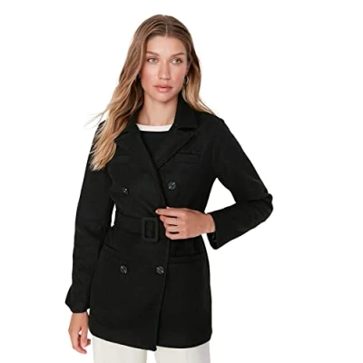 Abbildung von Trendyol Damen Regular Wickelschnitt Plain Webstoff Mantel Coat, Schwarz, 36 EU