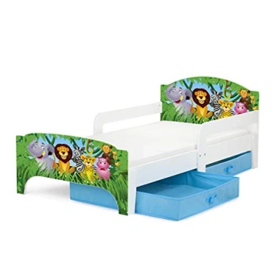 Abbildung von Leomark SMART Kleinkinderbett aus Holz Tiere Kinderbett mit Schubladen für Bettwäsche, Einzelbett Matratze, Stauraum, Rausfallschutz Lattenrost, Liegefläche 140 x 70 cm, UV Druck