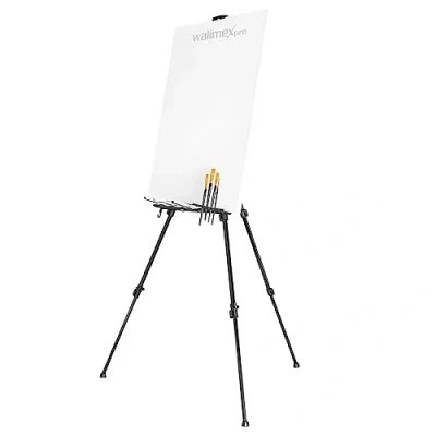 Abbildung von Walimex pro Staffelei XXL 62 205cm, Aluminium I ideale Atelierstaffelei, Tischstaffelei &amp; Feldstaffelei für Leinwände bis HxT: 150x4cm, 6kg Ablage Halterung Farben Pinsel, mit Tasche