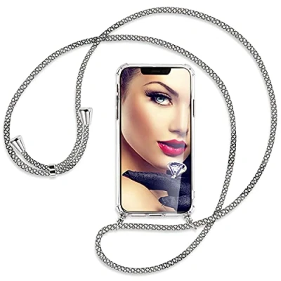 Abbildung von mtb more energy® Handykette kompatibel mit Honor 200 Smart 5G weiß/grau kariert/Metallteile: Silber Smartphone Hülle zum Umhängen Anti Shock Full TPU Case