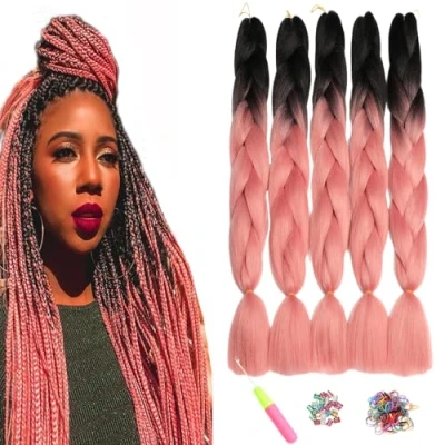 Abbildung von ShowJarlly Jumbo Braid Kunsthaar Haar, Ombre Extension, 24 Zoll Kanekalon Haar Flechten Extensions 5 Stücke Für Crochet Twist Box Zum Einflechten Zöpfe Schwarz/Rosa#